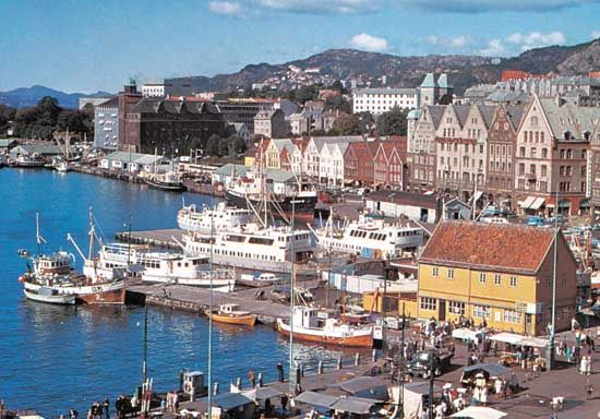 The harbour at Bergen, Nor., a major North Sea fishing port.