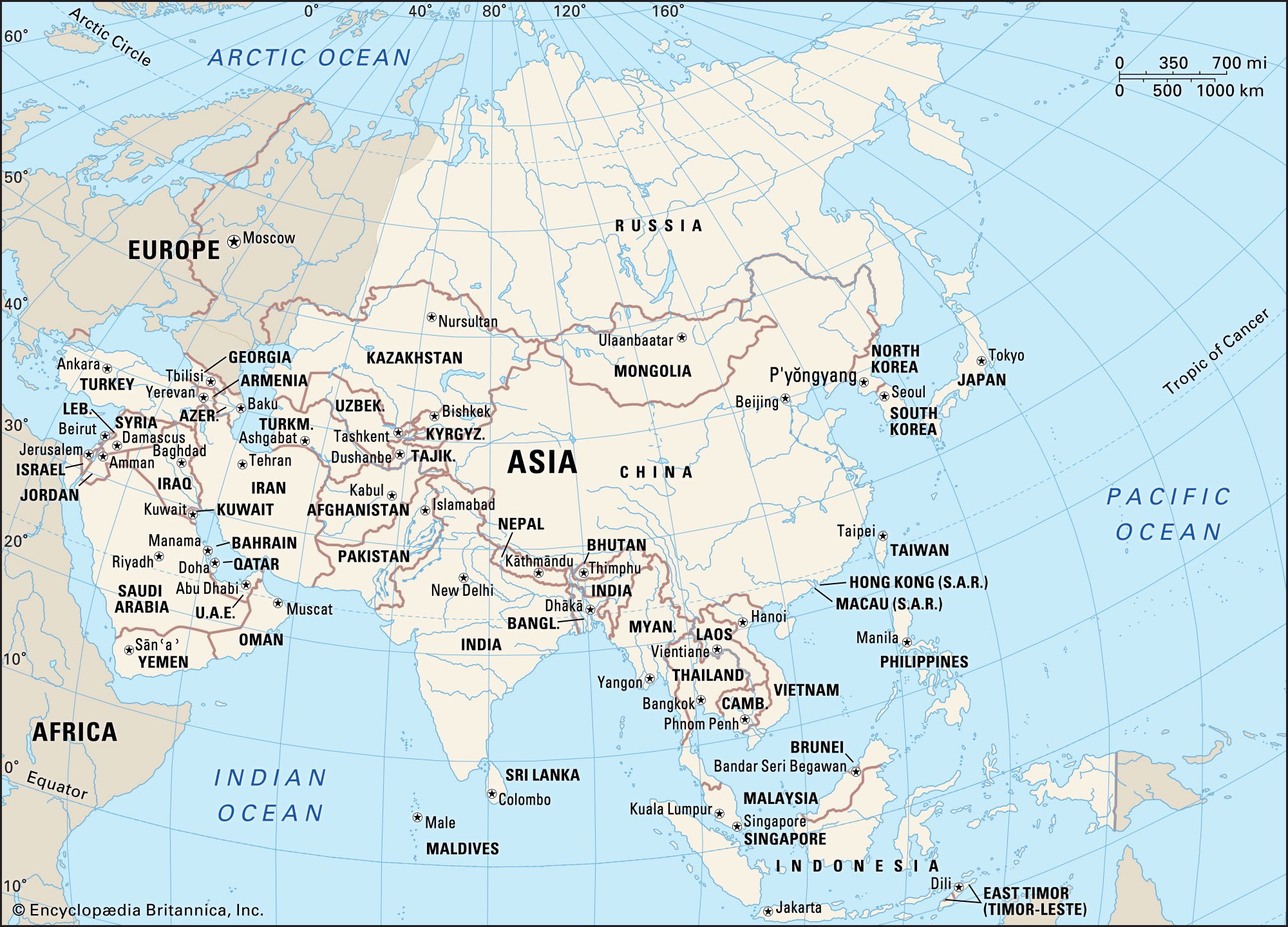 A map of the continent of Asia, including its countries, boundaries, and capital cities, as well as parts of Europe, Africa, and surrounding oceans.