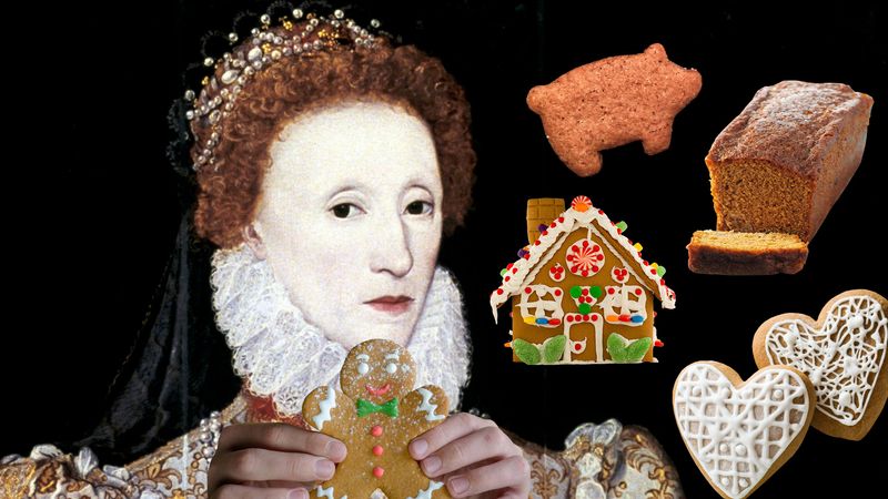 The video thumbnail image shows a collage of Queen Elizabeth I holding up a gingerbread man, surrounded by ginger cake, a gingerbread pig, gingerbread house, and heart-shaped gingerbread cookies.