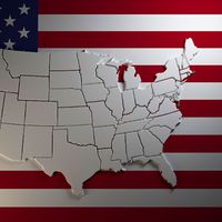 Extruded map of the United States of America with states borders on national flag background. (3-d rendering)