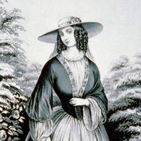 Currier & Ives, the Bloomer costume influenced by Amelia Bloomer who began appearing in public wearing full-cut pantaloons, or "Turkish trousers," under a short skirt nicknamed "bloomers."