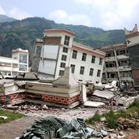 earthquake. Heavily damaged school in the town of Yingxiu after a major earthquake struck China's Sichuan Province on May 12, 2008.