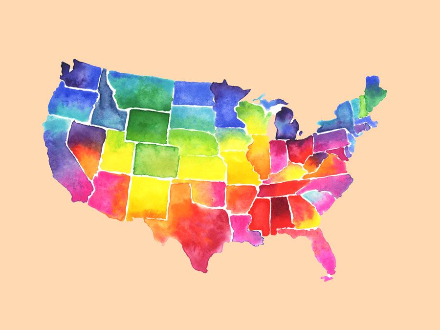 USA, United States watercolor map Illustration in rainbow colors