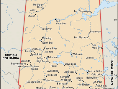 Alberta. Political map: cities. Includes locator. CORE MAP ONLY. CONTAINS IMAGEMAP TO CORE ARTICLES.