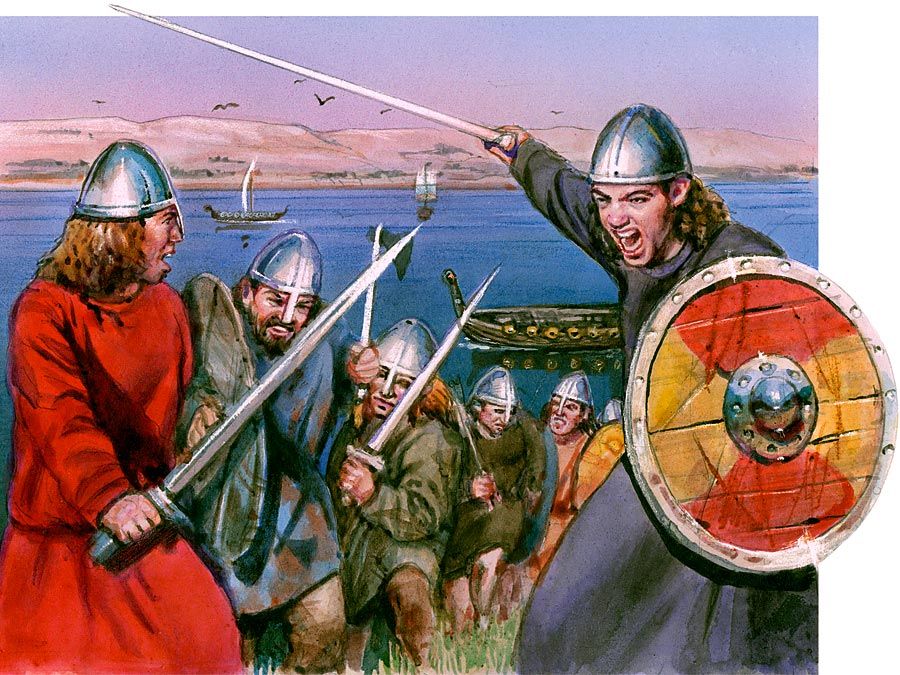 Vikings. Viking warriors hold swords and shields. 9th c. AD seafaring warriors raided the coasts of Europe, burning, plundering and killing. Marauders or pirates came from Scandinavia, now Denmark, Norway, and Sweden. European History