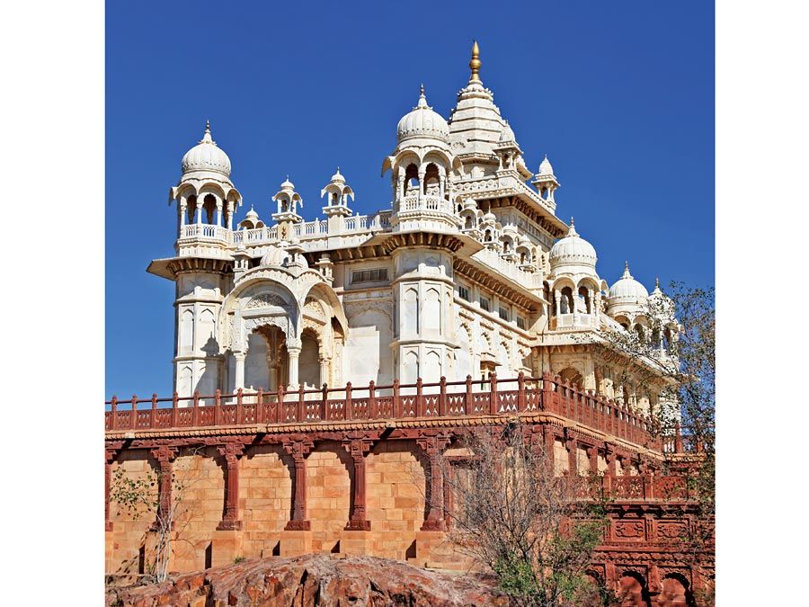 Jodhpur. Rajasthan. Jaswant Thada an architectural landmark in Jodhpur, India. A white marble memorial, built in 1899, by Sardar Singh in memory of Maharaja Jaswant Singh II. Indian architecture