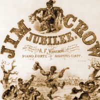 Sheet music cover 'Jim Crow Jubilee' illustrated with caricatures of African-American musicians and dancers. Originally, Jim Crow was a character in a song by Thomas Rice. (racism, segregation)