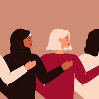 Four young strong women or girls standing together. Group of friends or feminist activists support each other. Feminism concept, girl power poster, international women's day holiday card. Illustration