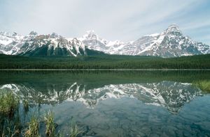 Mount Chephren rising above Waterfowl Lake in Banff National Park, southwestern Alberta, Canada.