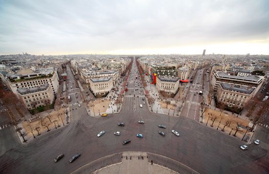 Aerial view of Paris, illustrating the work of city planner Baron Haussmann, prefect of the Seine département from 1853 to 1870.