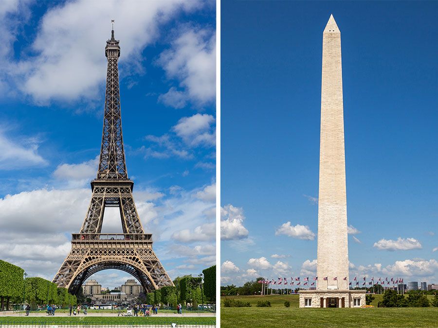 (Left) Eiffel Tower; (right) Washington Monument. Combo using assets (Eiffel Tower) 245552 and (Washington Monument) 245554.