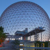 The United States pavilion, World's Fair, Montreal, by Buckminster Fuller built n 1967. The structure is now known as the Montreal Biosphere and houses an environmental museum inside the original geodesic dome. Reflection