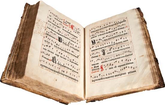 Antiphonarium Basiliense, printed by Michael Wenssler in Basel, c. 1488. Marginalia suggests its use as a choir book into the 19th century.