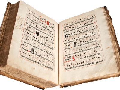 Antiphonarium Basiliense, printed by Michael Wenssler in Basel, c. 1488. Marginalia suggests its use as a choir book into the 19th century.