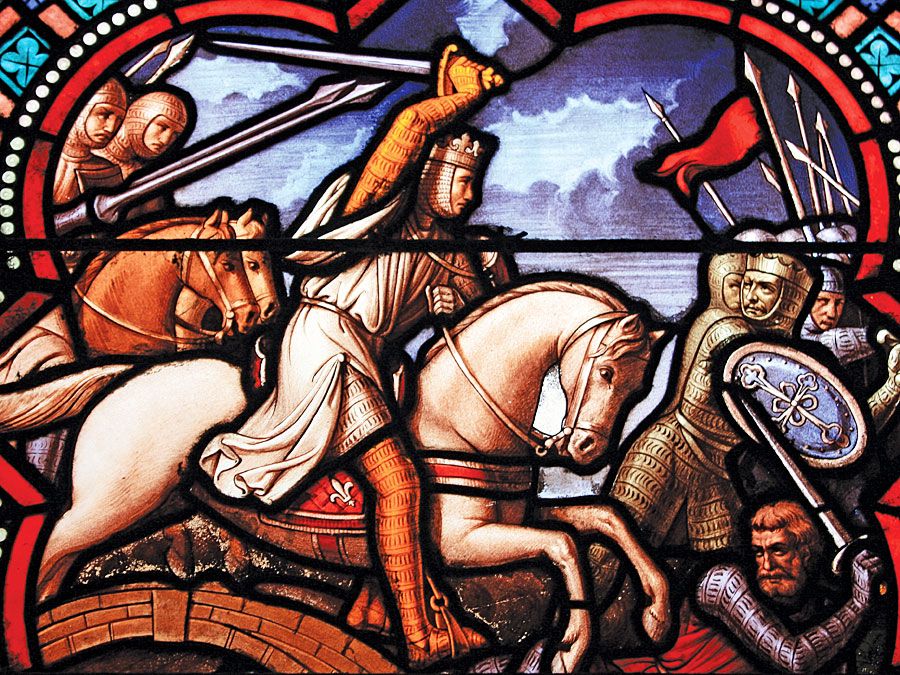 Louis IX of France (St. Louis), stained glass window of Louis IX during the Crusades. (Unknown location.)