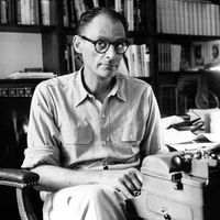 Playwright Arthur Miller works on a new play at his typewriter in the study of his New York apartment on July 21, 1959.