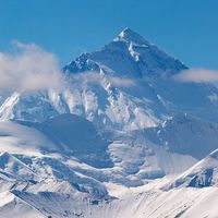 The view of Mount Everest from Tibet. Mountain on the crest of the Great Himalayas of southern Asia that lies on the border between Nepal and the Tibet.