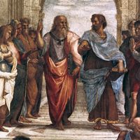 Plato (left) and Aristotle, detail from School of Athens, fresco by Raphael, 1508-11; in the Stanza della Segnatura, the Vatican. Plato points to the heavens and the realm of Forms, Aristotle to the earth and the realm of things.