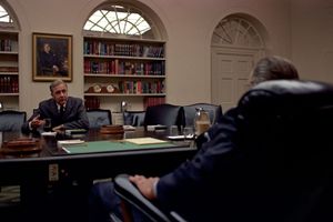 Eugene J. McCarthy meeting with Lyndon B. Johnson (back to camera) in the Cabinet Room of the White House, Washington, D.C.