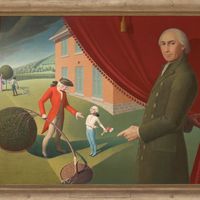 Parsons Weems' Fable, oil on canvas by Grant Wood, 1939; in the Amon Carter Museum of American Art. Catalog entry: The historian Mason Locke Weems, commonly known by his clerical title, Parson Weems, pulls back a curtain to point at 6-year-old George Washington. Bearing an adult head and holding an axe, George gazes blankly up at his father, Augustine, who questions his son while holding a partially cut cherry tree. All of this takes place in front of a 20th-century brick building, which Wood modeled after his own home in Iowa. The scene illustrates the fable of Washington and the cherry tree, which Weems invented in 1806 for the first president's biography. Wood playfully suggests the artifice of the tale here, presenting the story in the manner of a costumed stage play rather than a real event. Amid the action, two Black figures pick cherries in the background, a reference to Washington' slaveholding past and a reminder of of what often gets left out in historical mythmaking.