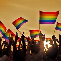 Silhouettes of People Holding Gay Pride Symbol Flag