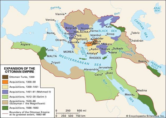 This map shows the territorial expansion of the Ottoman Empire from 1300 to its greatest extent in 1683-99, highlighting different periods under rulers such as Mehmed II, Selim I, and Süleyman the Magnificent, and marking key cities, seas, and geographical boundaries in Europe, North Africa, and the Middle East.