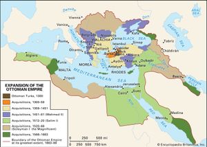 This map shows the territorial expansion of the Ottoman Empire from 1300 to its greatest extent in 1683-99, highlighting different periods under rulers such as Mehmed II, Selim I, and Süleyman the Magnificent, and marking key cities, seas, and geographical boundaries in Europe, North Africa, and the Middle East.