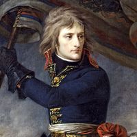 Napoleon Bonaparte. General Bonaparte on the bridge at Arcole, 17 November, 1796, by Antoine-Jean Gros, Musee National, Chateau de Versailles. The first emblematic image of the Napoleonic myth. Napoleon I