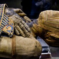 This extremely well preserved Egyptian mummy is that of a man who lived during the Ptolemaic Period. His name, written hastily, can be read as either Pachery or Nenu; in the collection of the Musee du Louvre, Paris, France.