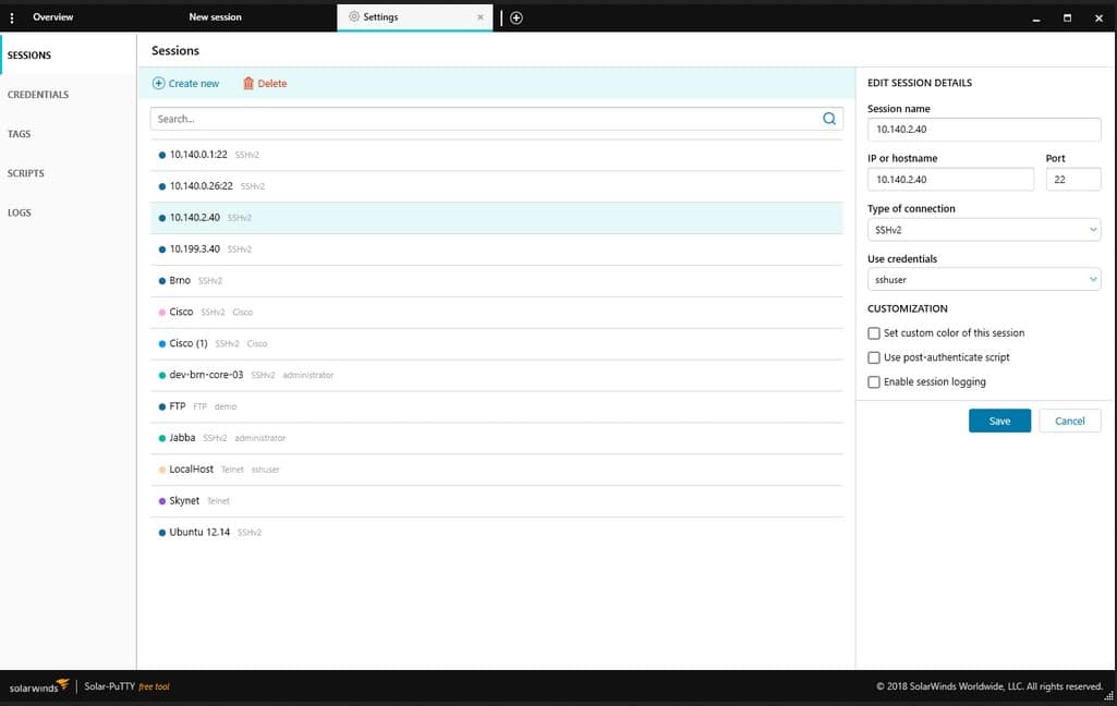 SolarWinds Solar-PuTTY Settings screen