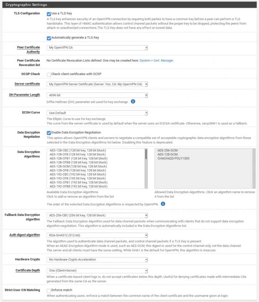 pfSense - Server - Cryptographic Settings