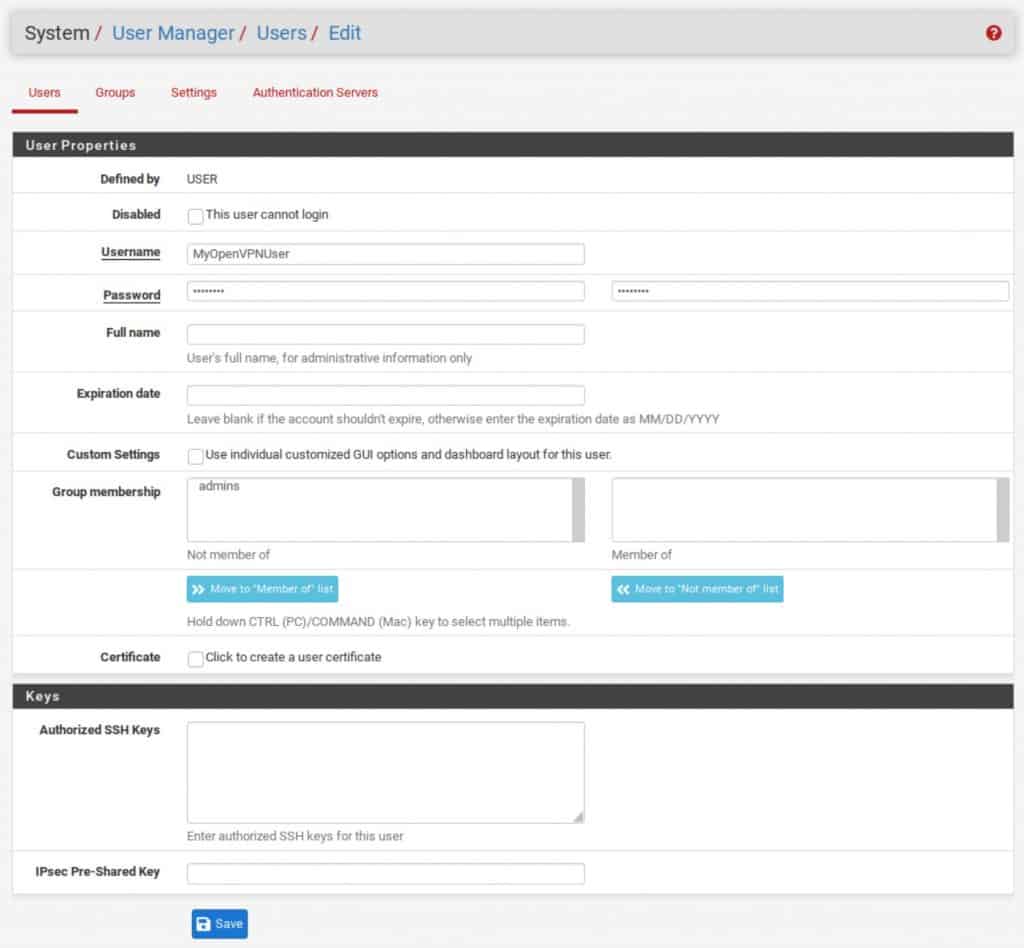 pfSense - Configure User