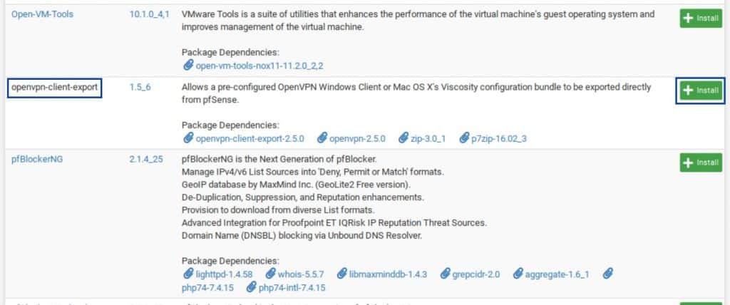 pfSense - Install Client Export Utility