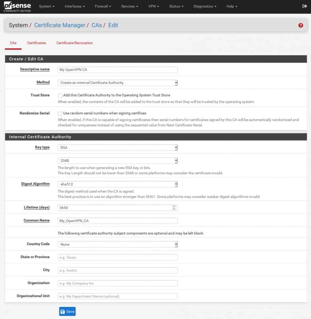 pfSense - Configure CA