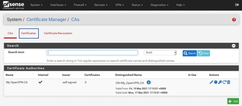 pfSense - Certificate Manager