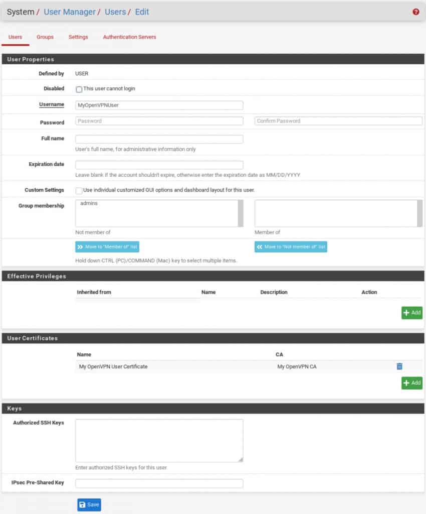 pfSense - Added User Certificate