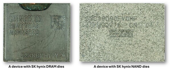 화웨이의 메이트 70프로 시리즈에서 발견된 SK하이닉스 D램과 낸드플래시. 사진=테크인사이츠 제공