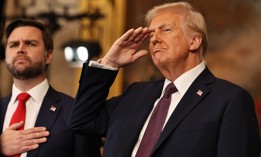 U.S. President Donald Trump salutes as he and Vice President JD Vance listen to the performance of the national anthem during the inauguration ceremony, Jan. 20, 2025.