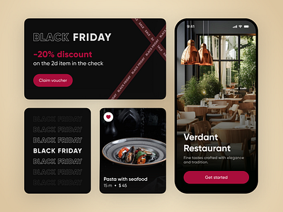 Bento Grids for Restaurant App | Black Friday ai banner bento grids black black friday design elements discount food food and drink food app food delivery food delivery app foodie mobile app poster restaurant app sale ui design ux ui welcome screen