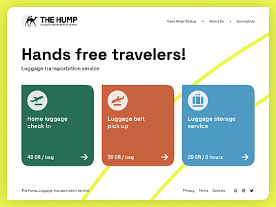 Luggage Transportation Service Landing Page | The Hump airports baggage transfer cards check in flight hands free landing page logistic logo luggage storage service pick up start up transportation service travel service traveling ui design ux ui web design website