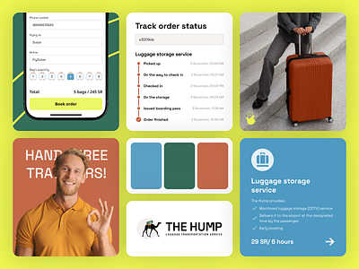 Design Elements of Luggage Transportation Service | The Hump airports baggage transfer book order check in colors palete flight logistic logo luggage storage service order details pick up start up track order transportation service travel service traveling ui design website