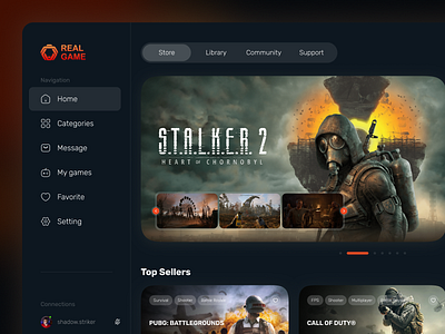 Gaming Dashboard | RealGame app design desktop desktop app desktop interface esports game gamer games gaming gaming interface gaming ui left menu platform play redesign stalker steam steam redesign videogame vr
