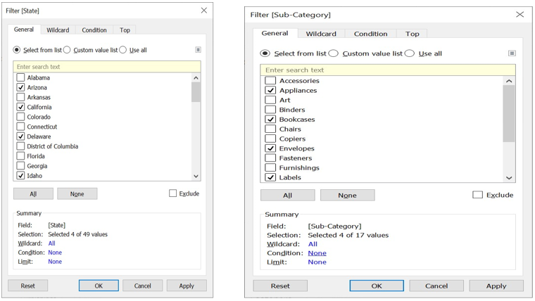 state and subcategory options 