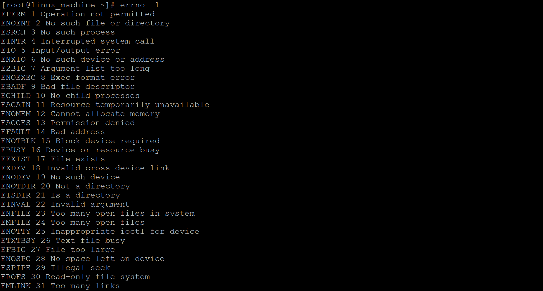 Linux Error Codes output 1