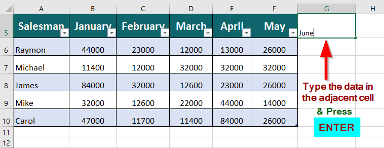 Insert a Row or Column Adjacent to the Table step 2