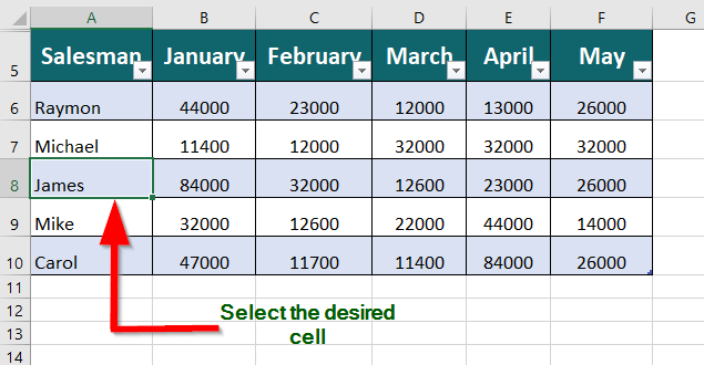 Insert a Row within a Table step 1