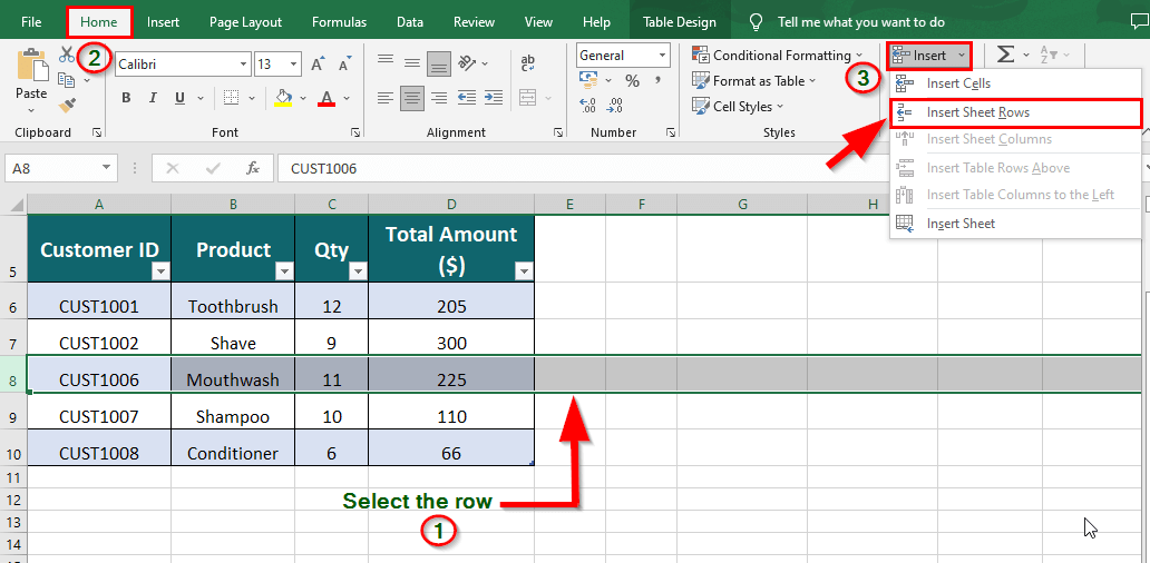 insert rows into an Excel table