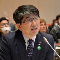 核兵器禁止条約の初の締約国会議で演説する長崎市の田上市長＝ウィーンで2022年6月21日