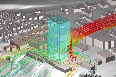 ビル風のコンピューターシミュレーション。赤い線が強い風で青くなるほど弱くなる。上空の強い風が地上に吹き下ろすなどしてビル周辺の地上に強い風が吹いていることがわかる＝風工学研究所提供