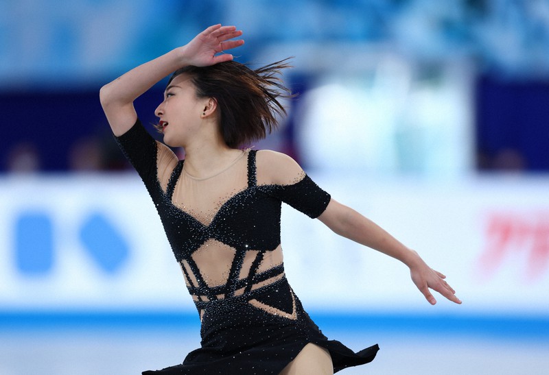 女子SPで演技する坂本花織＝東京体育館で2023年4月13日、猪飼健史撮影